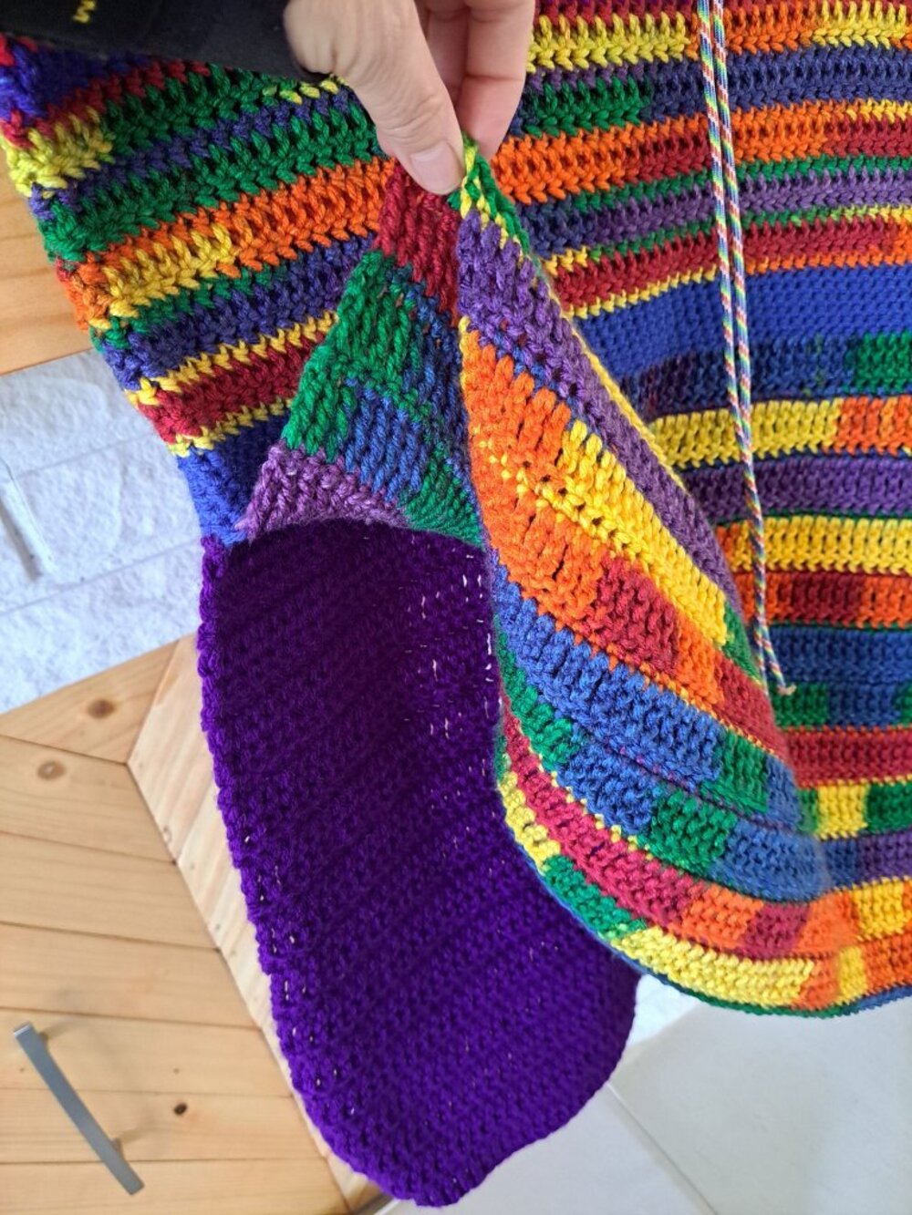 Handmade Crochet Rainbow Striped Sleeveless Top Drawstring Multicolor Yarn M - Picture 4 of 10